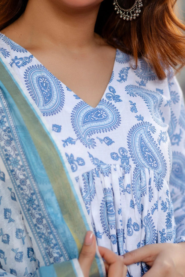 White & Blue Delight Pure Viscose Suit